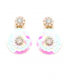 Oorclips wit, roze met iriserende lagen en kristalaccent