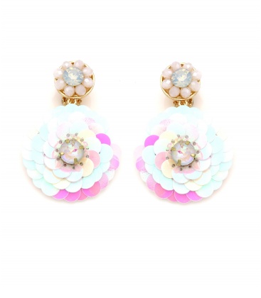 Oorclips wit, roze met iriserende lagen en kristalaccent