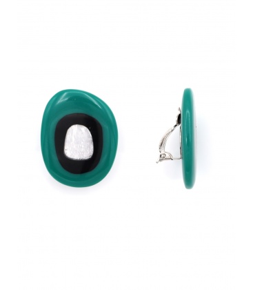 Groen met zwarte ovale oorclips met Zilverkleurige inleg