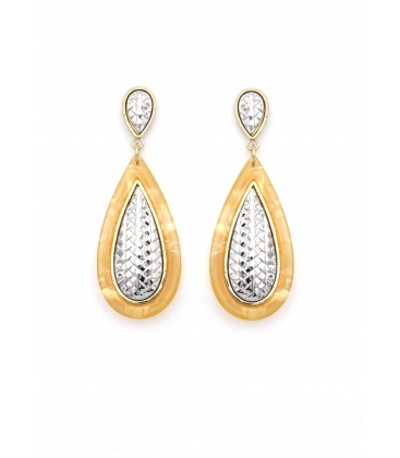 Bruine oorhangers met zilverkleurige inleg en zigzag patroon