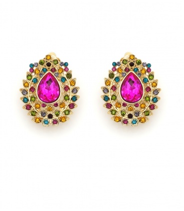 Oorclips met fuchsia druppelsteen en kleurrijke strass stenen